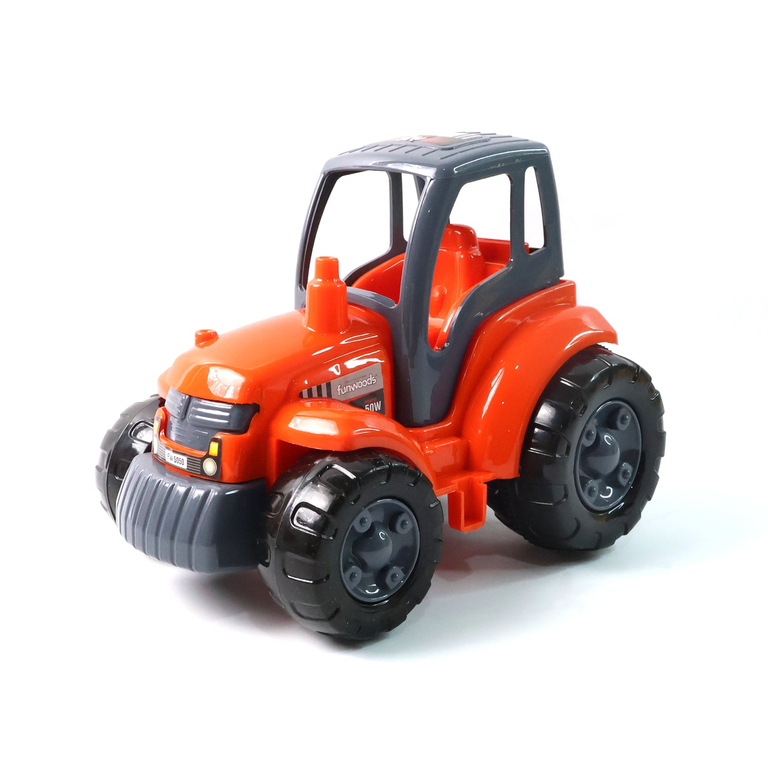 Wukusy Funwoods Kids friction-powered tractor toy, bright red with black wheels, suitable for young children, made of durable plastic.