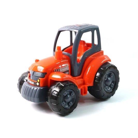 Wukusy Funwoods Kids friction-powered tractor toy, bright red with black wheels, suitable for young children, made of durable plastic.