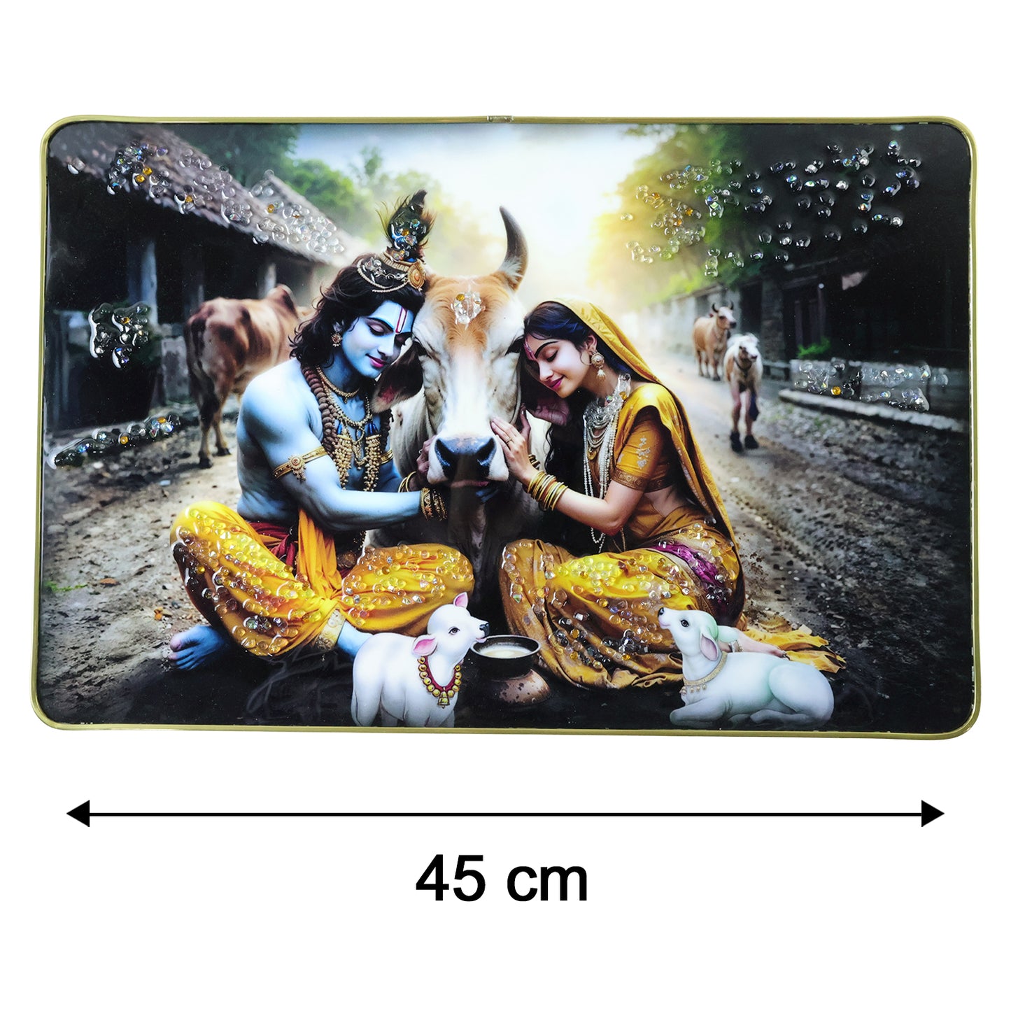 Peaceful Radha Krishna village scene wall art frame, 45x30 cm, featuring traditional Indian artwork in a serene setting.