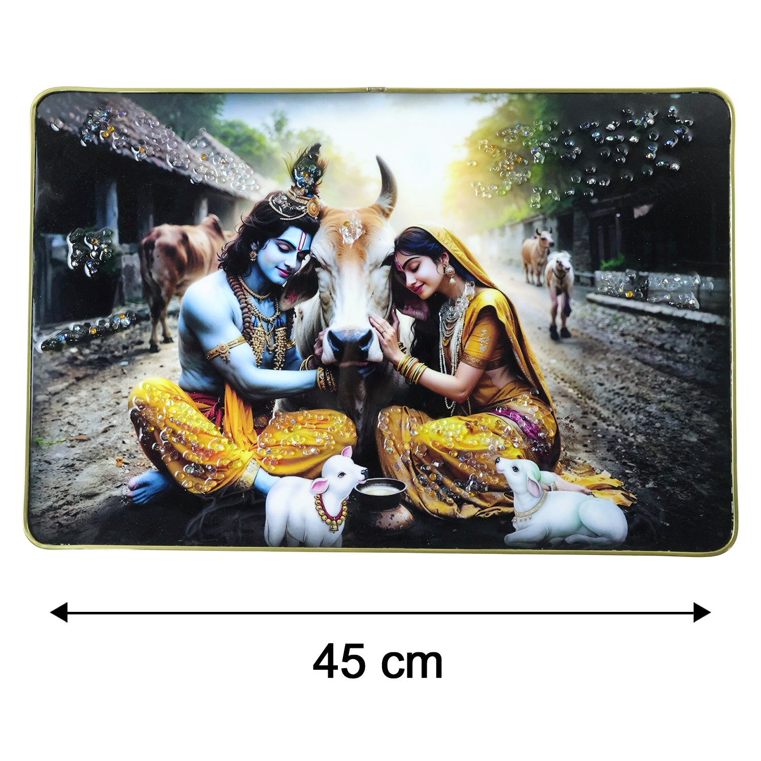 Peaceful Radha Krishna village scene wall art frame, 45x30 cm, featuring traditional Indian artwork in a serene setting.
