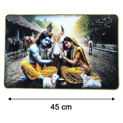 Peaceful Radha Krishna village scene wall art frame, 45x30 cm, featuring traditional Indian artwork in a serene setting.