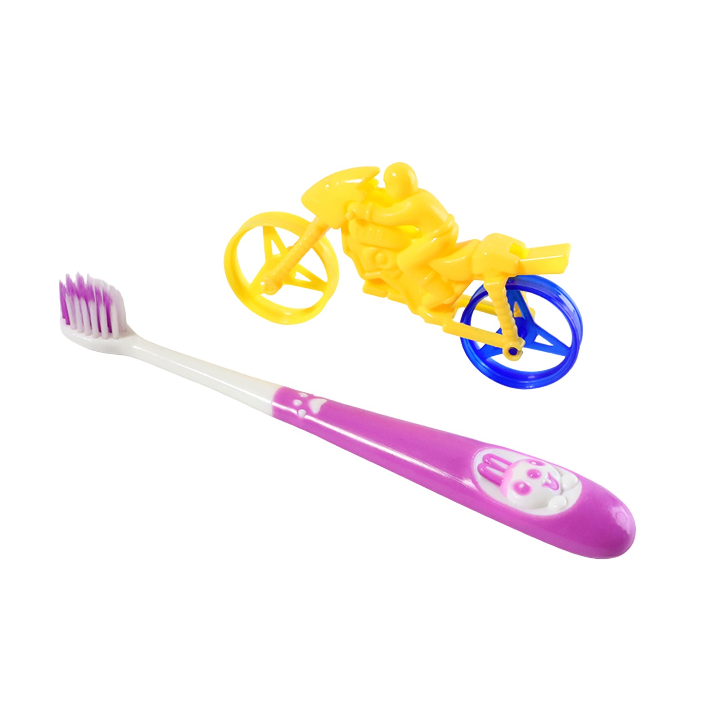 Kids toothbrush and bike toy set by Wukusy featuring colorful toothbrush and small bike-shaped toys for children.