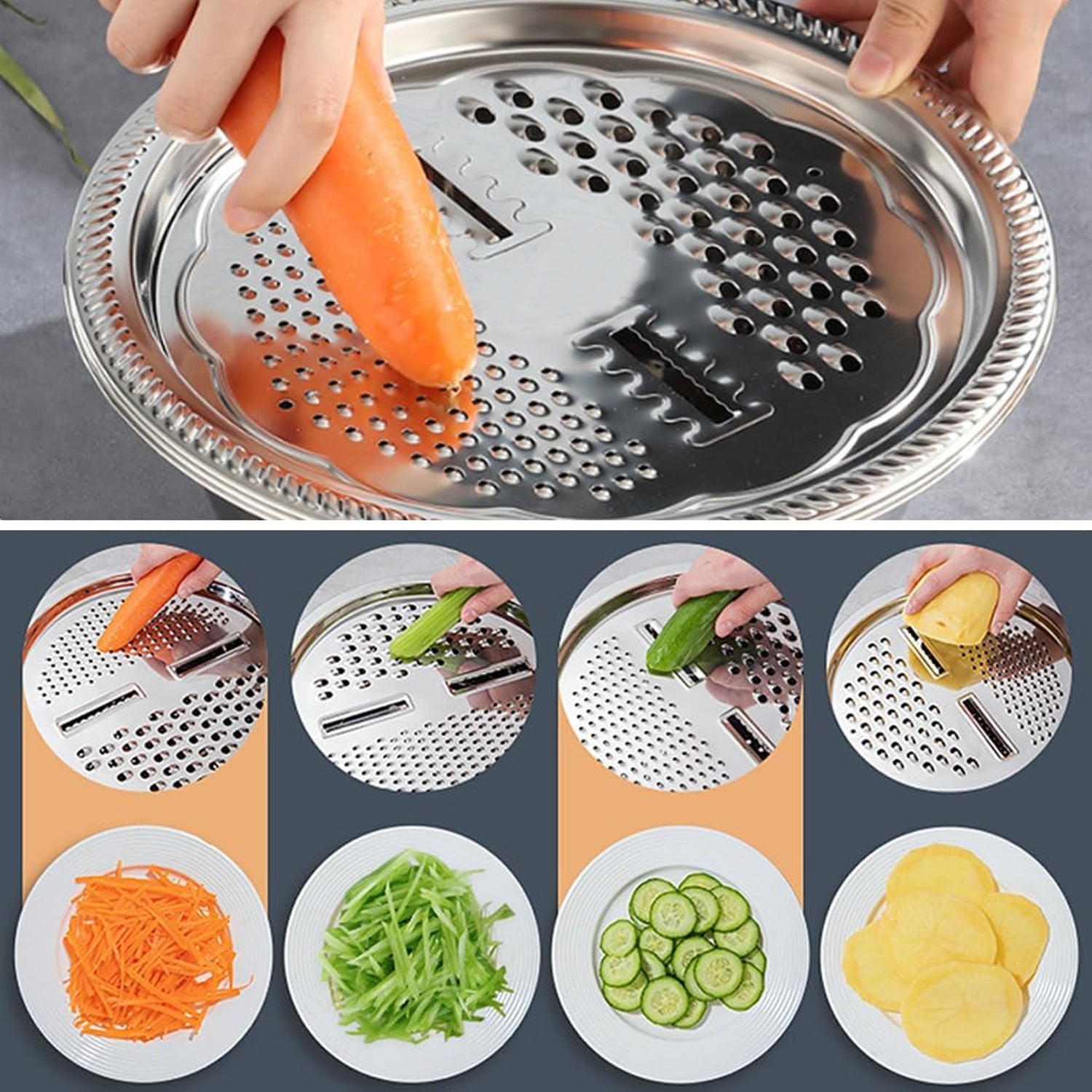 Wukusy 3-in-1 stainless steel mixing, straining, and grater bowl set with multiple attachments for versatile kitchen use