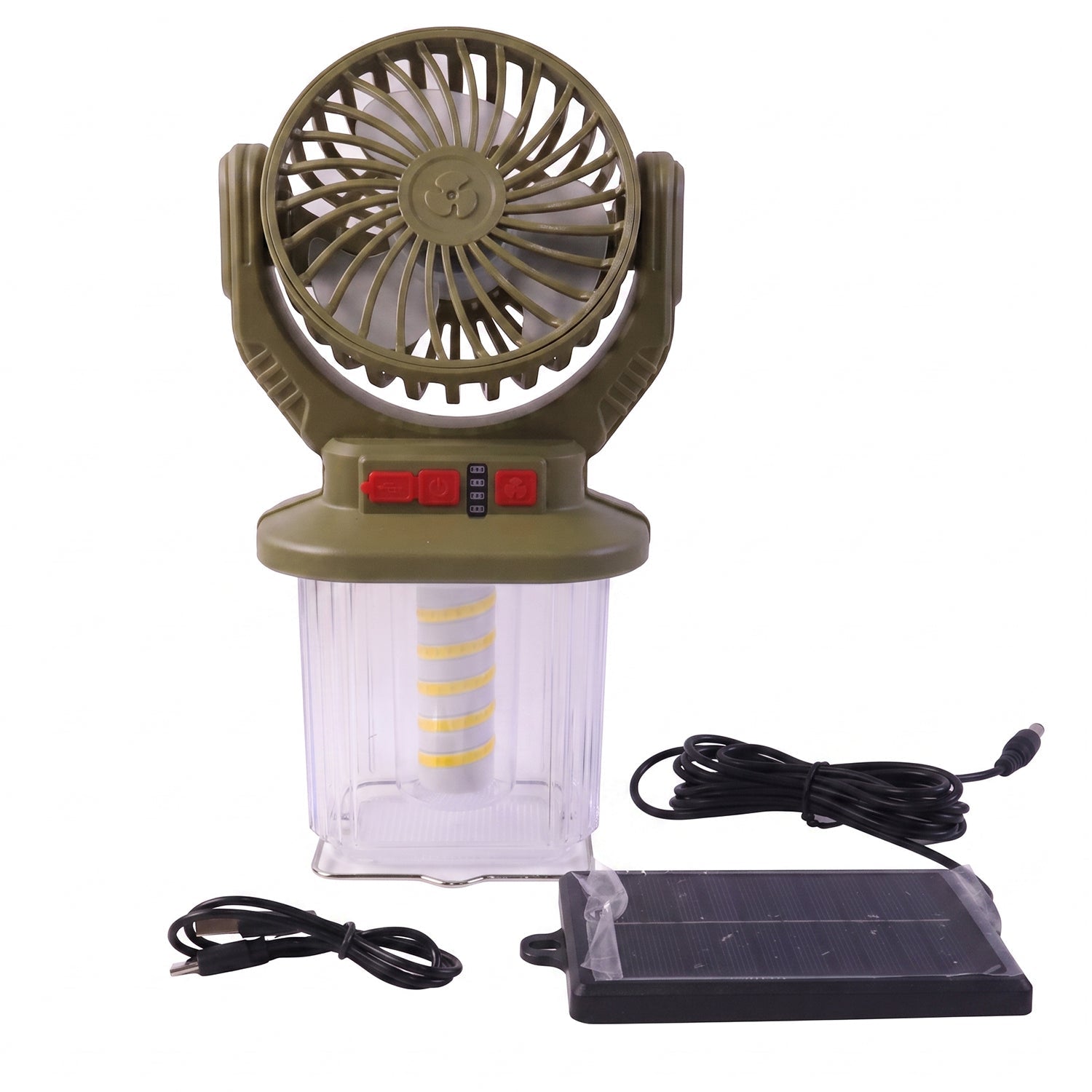 Wukusy 2-in-1 solar rechargeable camping fan with LED lantern, portable outdoor fan with handle, black and silver design