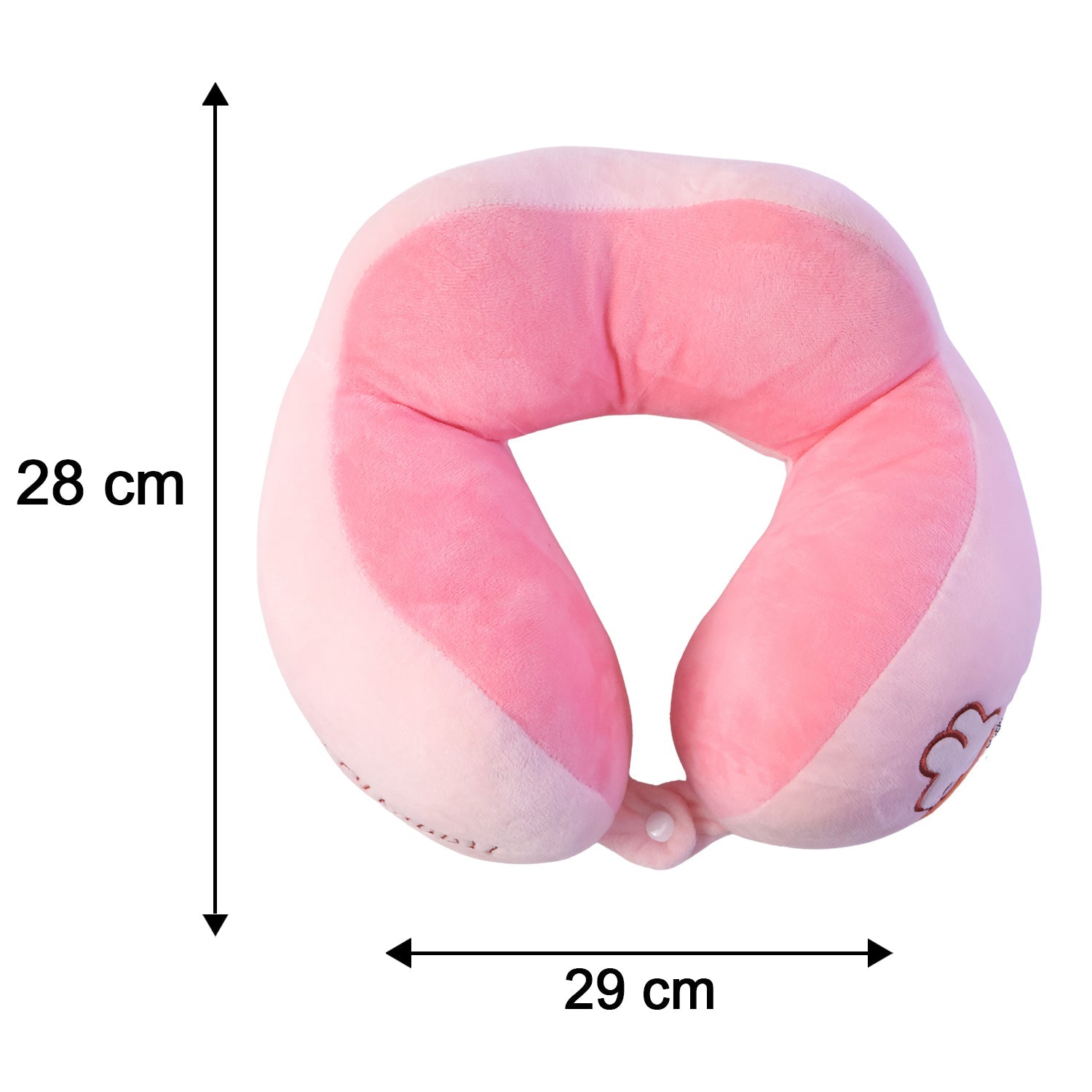 Pink U-shaped travel neck pillow by Wukusy with soft plush cover, providing comfortable head and neck support for travel.