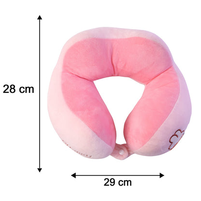 Pink U-shaped travel neck pillow by Wukusy with soft plush cover, providing comfortable head and neck support for travel.