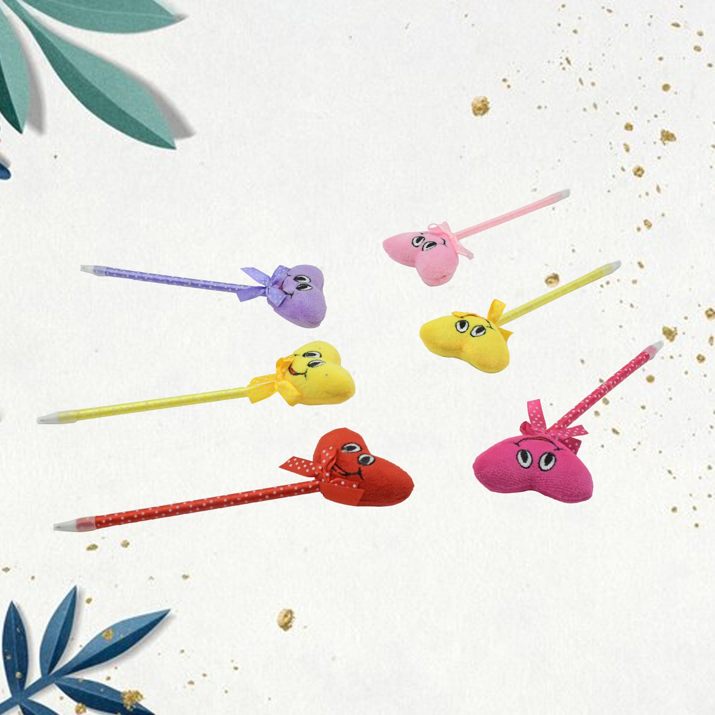 Set of 12 Wukusy cartoon heart-shaped pens with attached rattles, colorful, smooth-writing multiuse pens ideal for kids and events.
