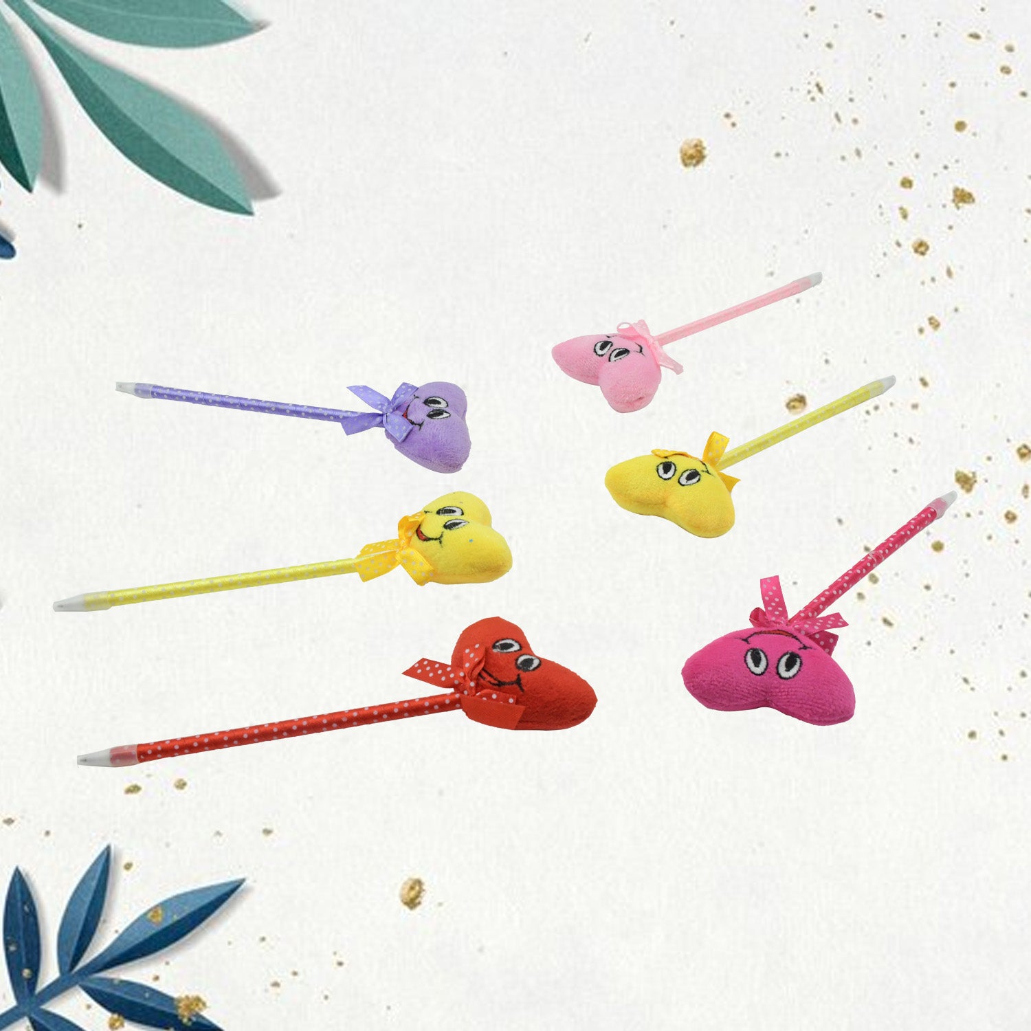 Set of 12 Wukusy cartoon heart-shaped pens with attached rattles, colorful, smooth-writing multiuse pens ideal for kids and events.