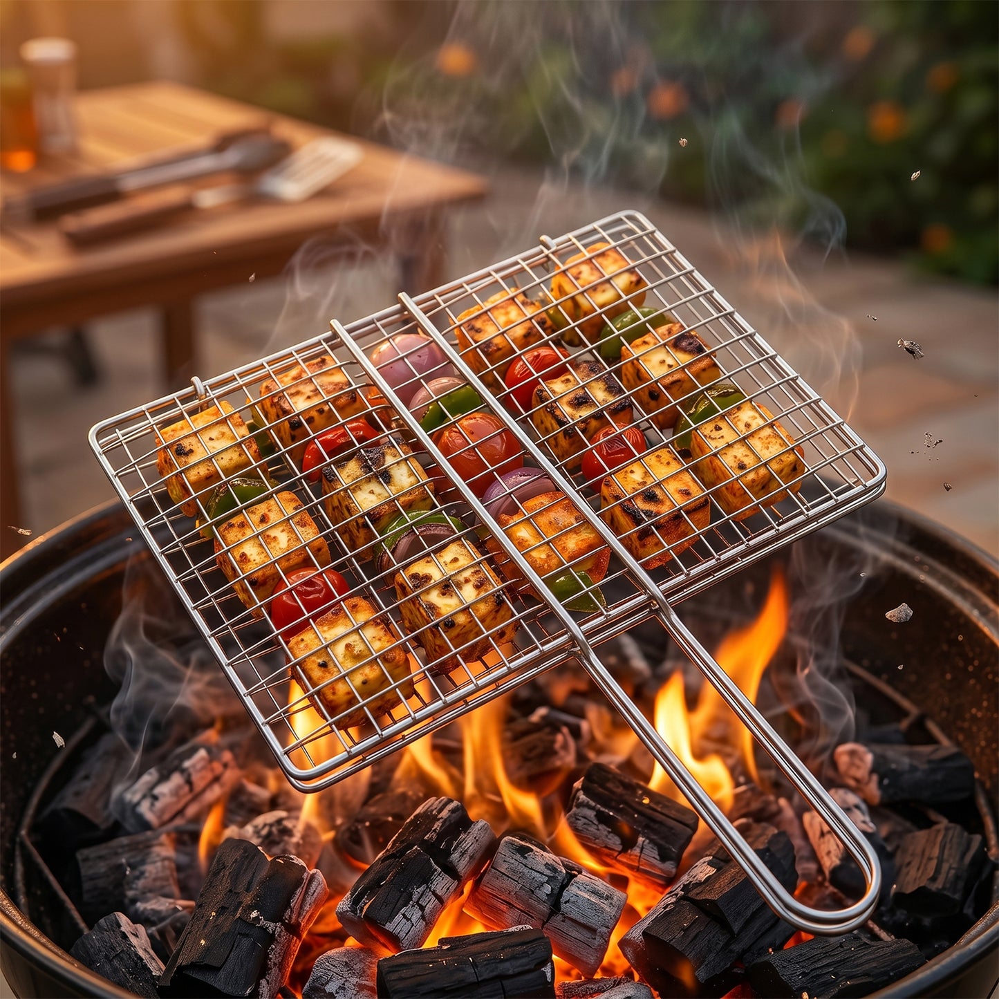 Foldable stainless steel BBQ grill wire mesh with handle by Wukusy, suitable for outdoor grilling and barbecues.