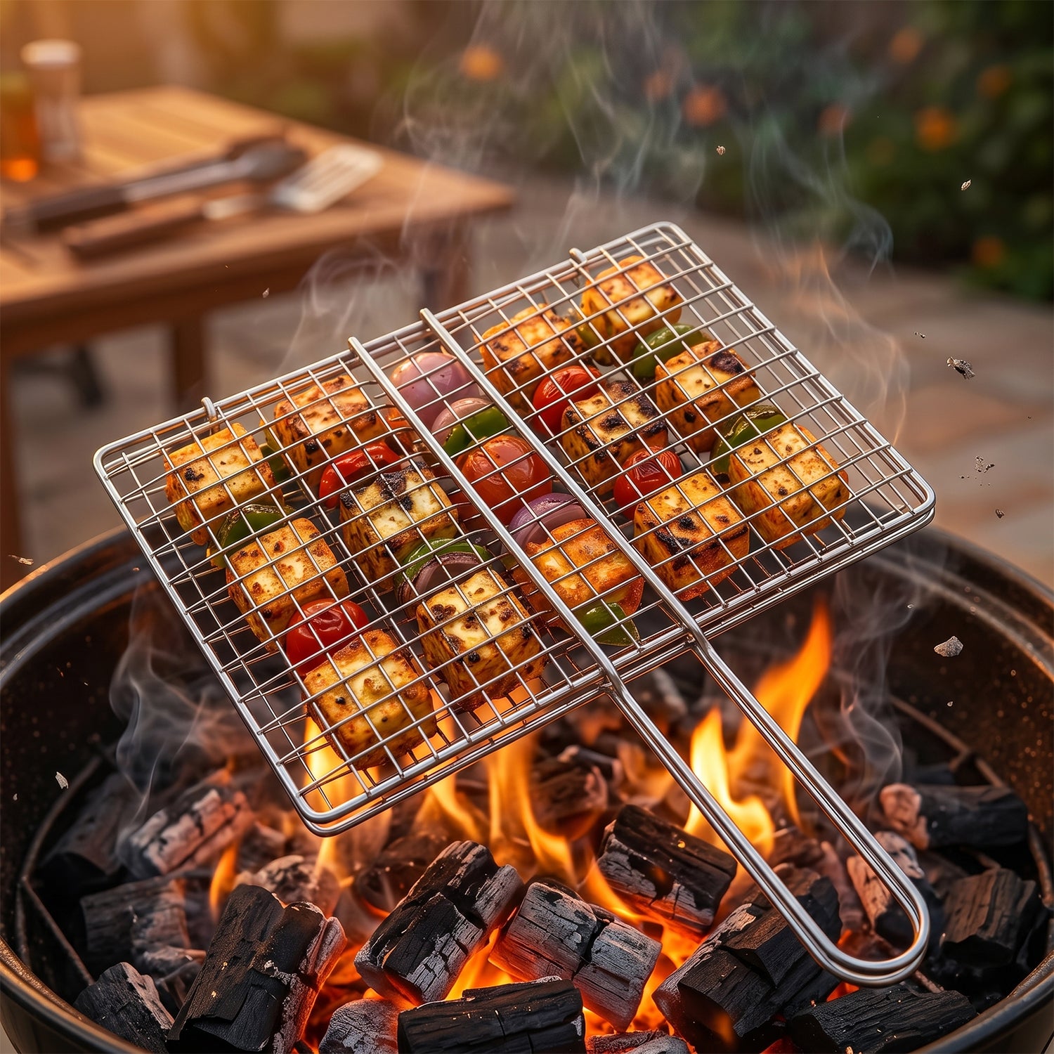 Foldable stainless steel BBQ grill wire mesh with handle by Wukusy, suitable for outdoor grilling and barbecues.