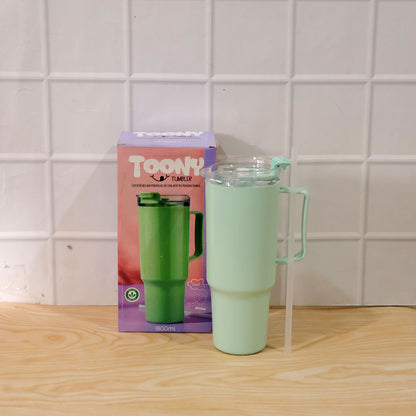 Wukusy Toony Tumbler 1800ml plastic travel sipper with handle, straw, and lid, shown with a colorful cartoon design.