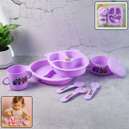 Children's dining tableware set by Wukusy featuring colorful plates, bowls, and utensils for kids' mealtime.