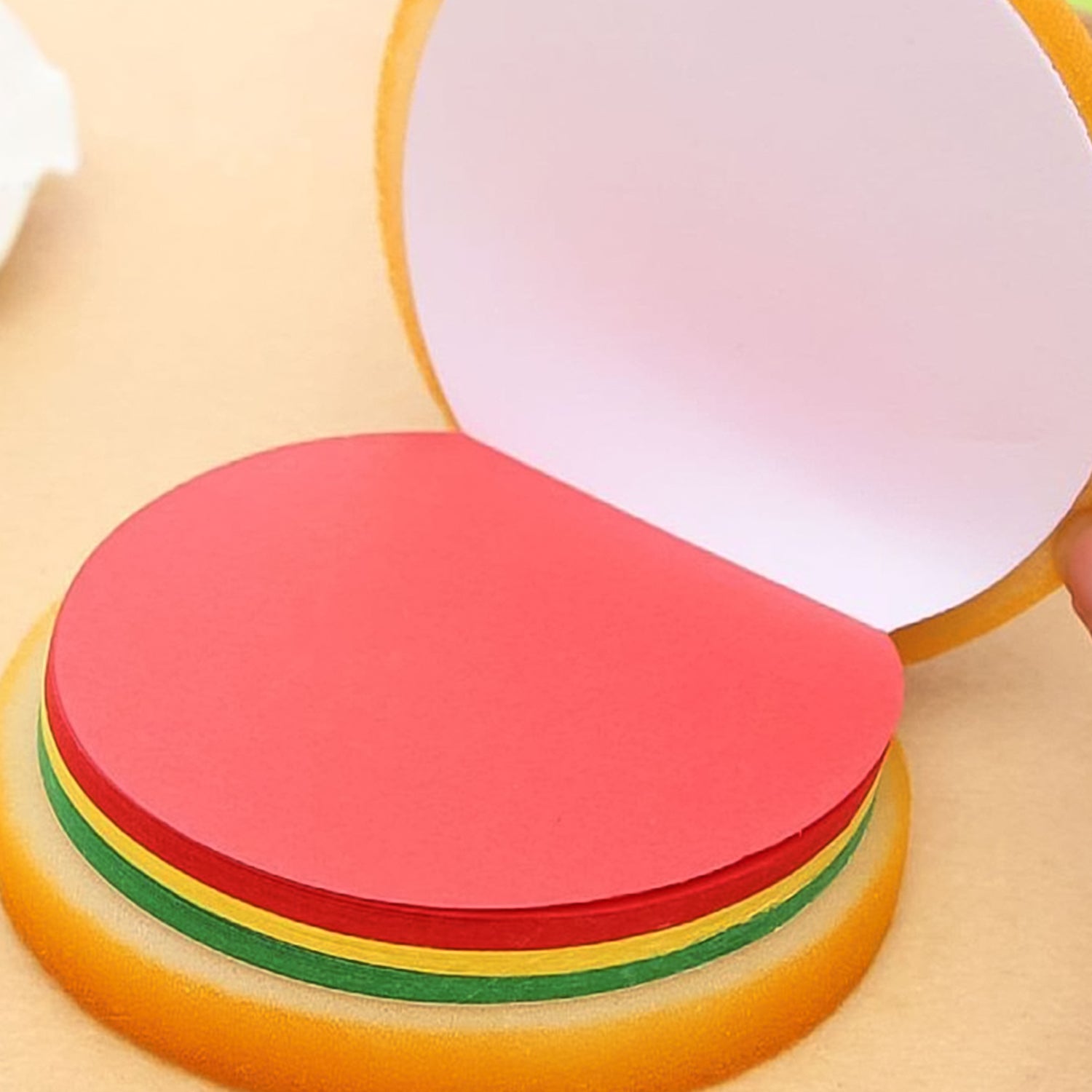 Colorful burger-shaped Wukusy notepad with sticky notes and mini memo pads for office use, featuring vibrant multicolor design.