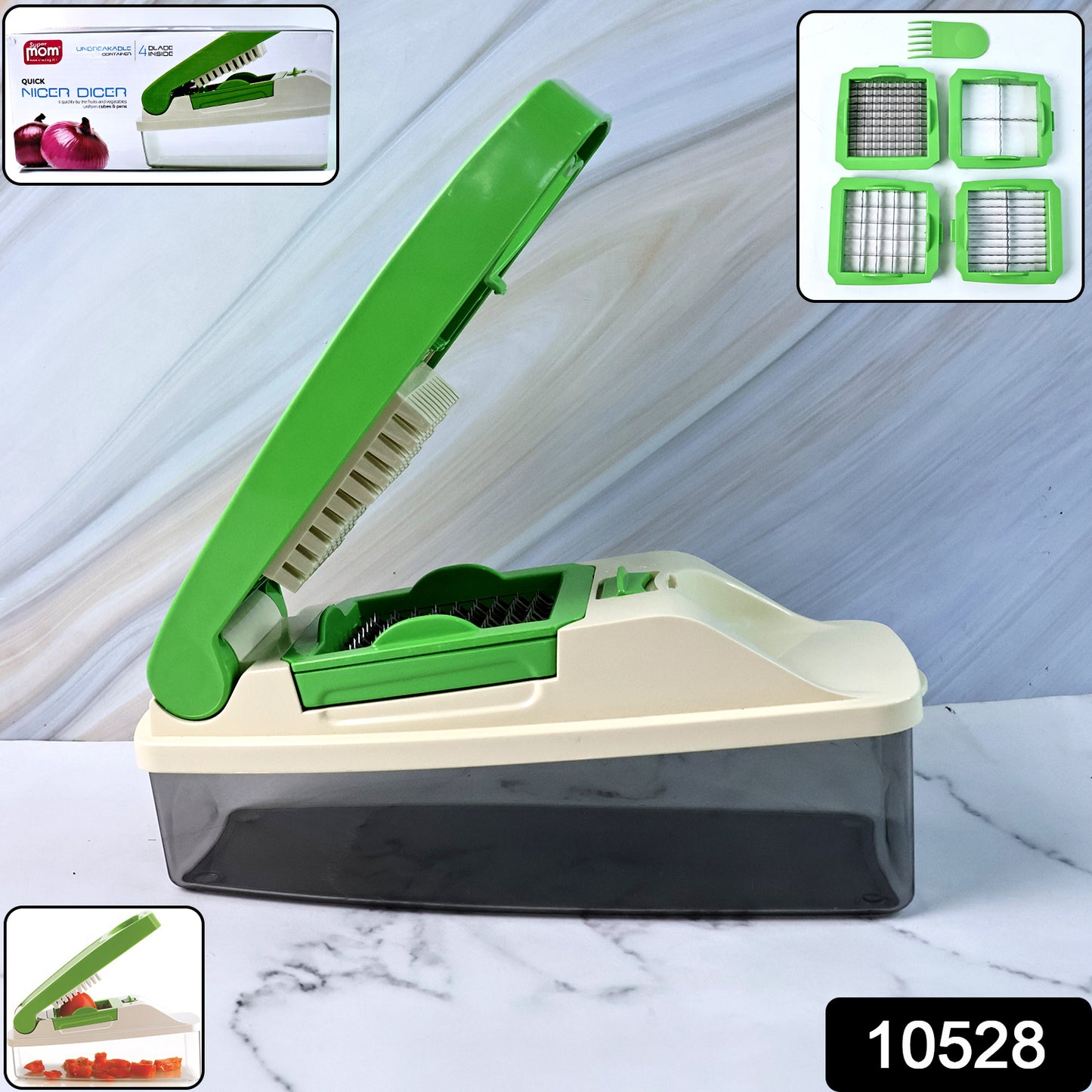 Wukusy Supermom Quick Nicer Dicer multipurpose vegetable and fruit chopper with stainless steel blades and ergonomic handle.