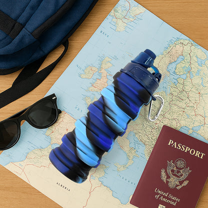 Wukusy silicone foldable water bottle, 500ml capacity, 24 cm tall, flexible and portable for outdoor use.