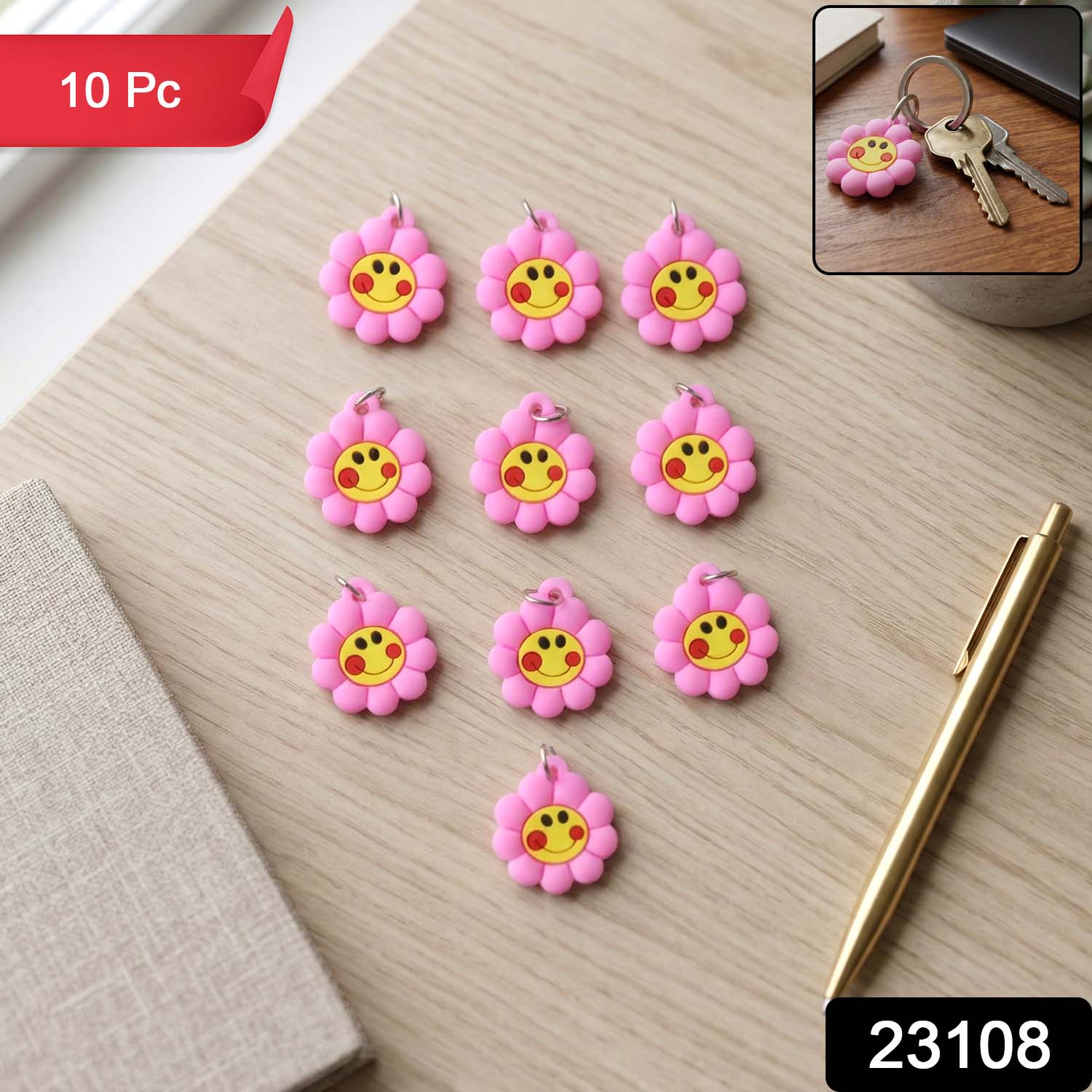 Set of 10 Wukusy smiley flower-shaped bag charm keychains with bright, cheerful designs for accessorizing bags and keys.