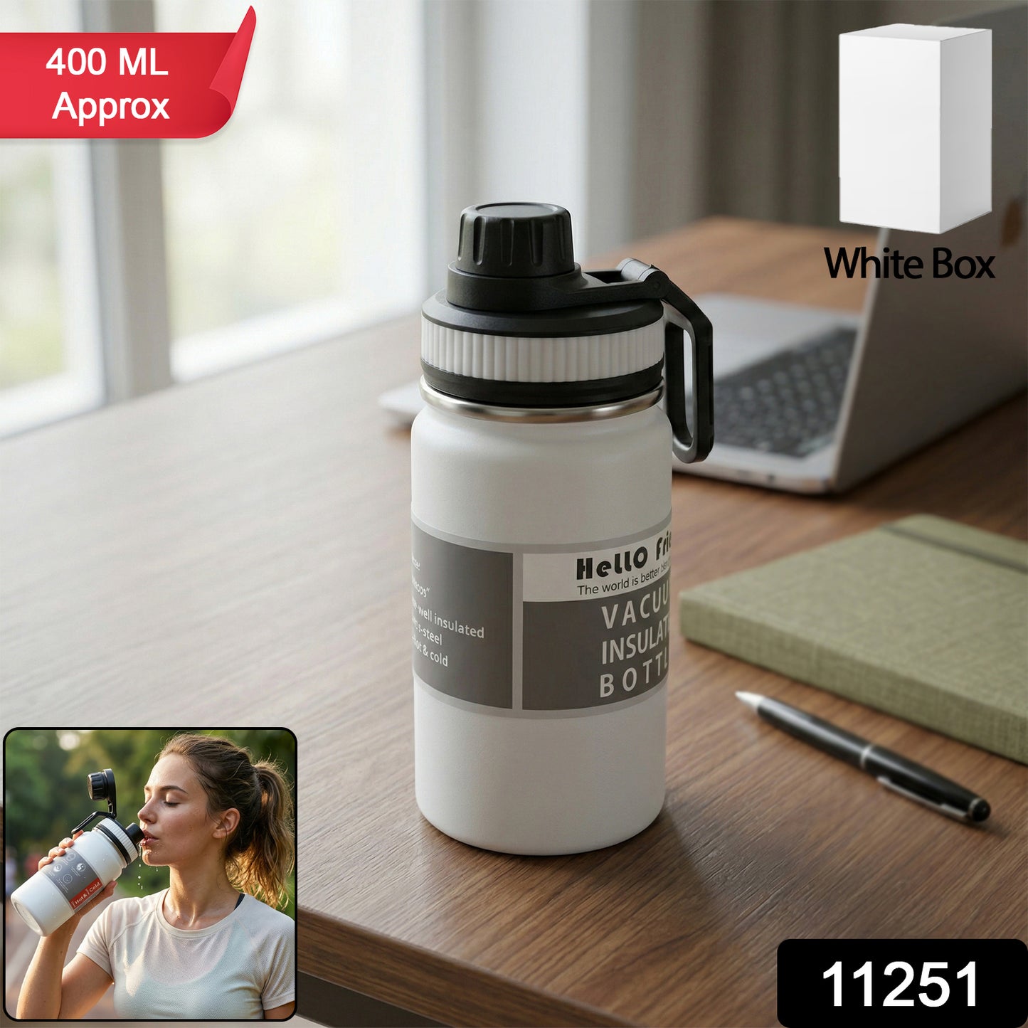 Wukusy 400ml compact vacuum insulated water bottle with stainless steel body and leak-proof lid, on a white background.