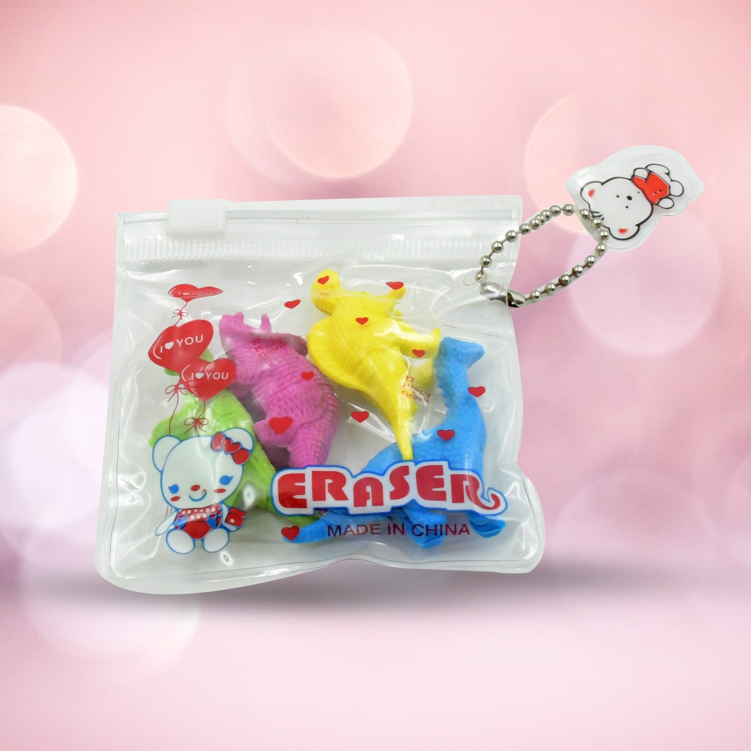 Set of four Wukusy small dinosaur-shaped erasers, colorful 3D animal erasers for kids, perfect as desk toys and school supplies.