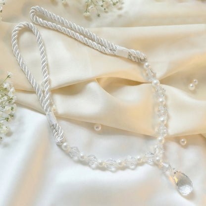 Luxury crystal and pearl beaded curtain tieback by Wukusy featuring elegant beads and intricate design for decorative window accents.