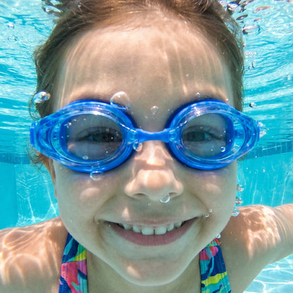 Kids professional swimming goggles with anti-fog coating, adjustable strap, and clear lenses for comfortable water vision.