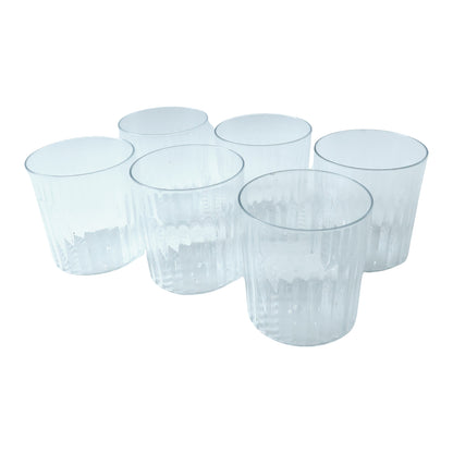 Six clear Wukusy premium transparent drinking glasses, 300 ml each, arranged on a surface, showcasing their sleek design and clarity.