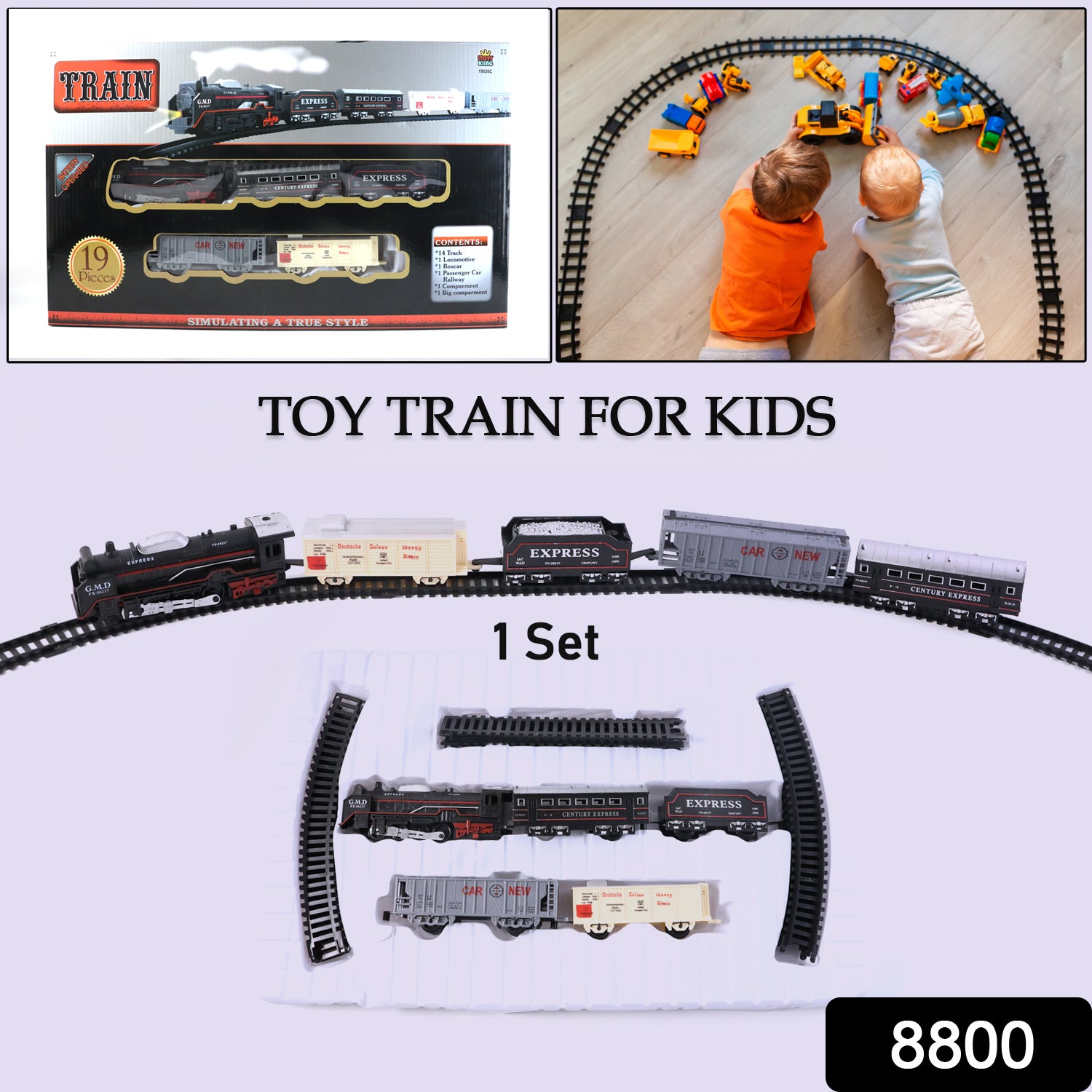 Battery operated toy train set for kids with track, featuring Wukusy brand train and colorful track layout for imaginative play.