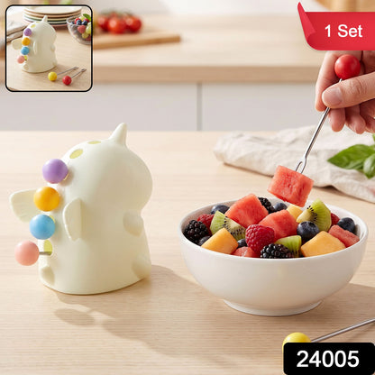 Cartoon Dinosaur Fruit Fork Set With Storage Case Stand For Kids (1 Set)