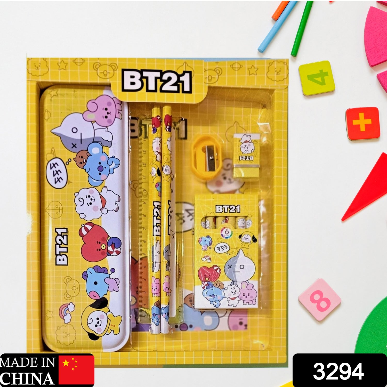 Wukusy 12-piece kids stationery kit with metal pencil box, sharpener, pencils, and erasers, ideal for school and birthday gifts