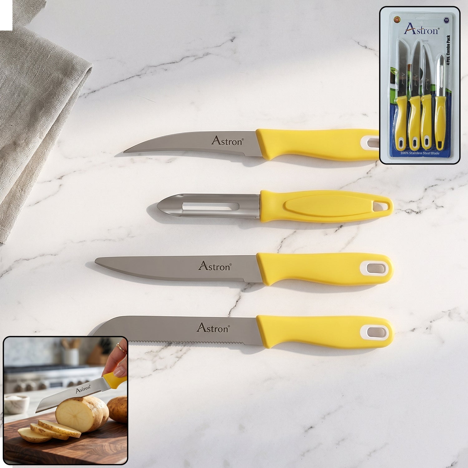 Wukusy 4-piece kitchen knife set with plastic handles and stainless steel peeler, including chef's knife, paring, and utility knives.