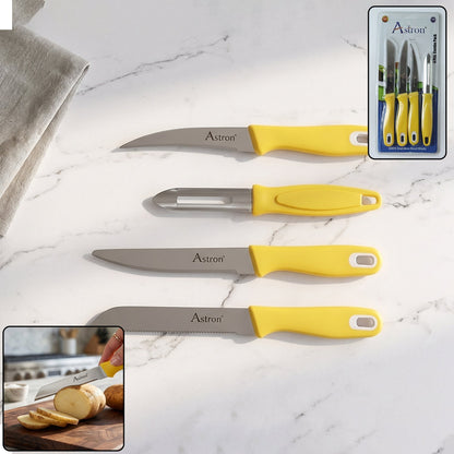 Wukusy 4-piece kitchen knife set with plastic handles and stainless steel peeler, including chef's knife, paring, and utility knives.