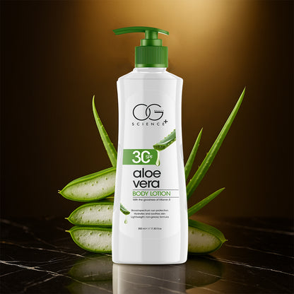 Wukusy Og Beauty Science Aloe Vera Body Lotion bottle, 350ml, with aloe vera leaves and moisturizing cream visible on the label.