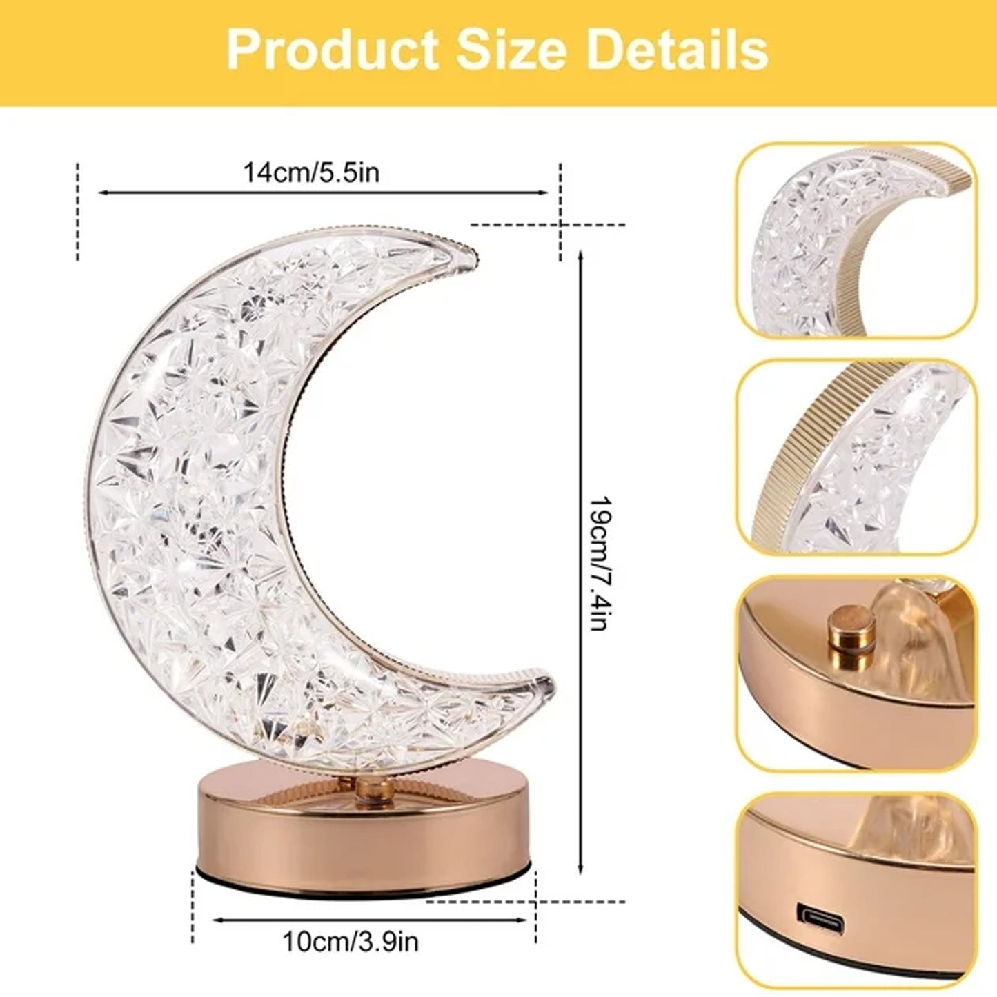 Wukusy 12570 Crystal Moon Shape Touch Control Table Lamp with 3 colors, metal bedside design, stepless dimming, USB charging, for kids room