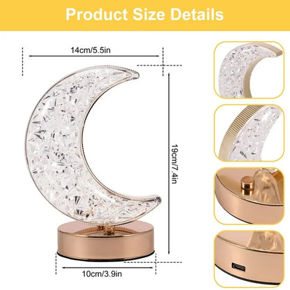 Wukusy 12570 Crystal Moon Shape Touch Control Table Lamp with 3 colors, metal bedside design, stepless dimming, USB charging, for kids room