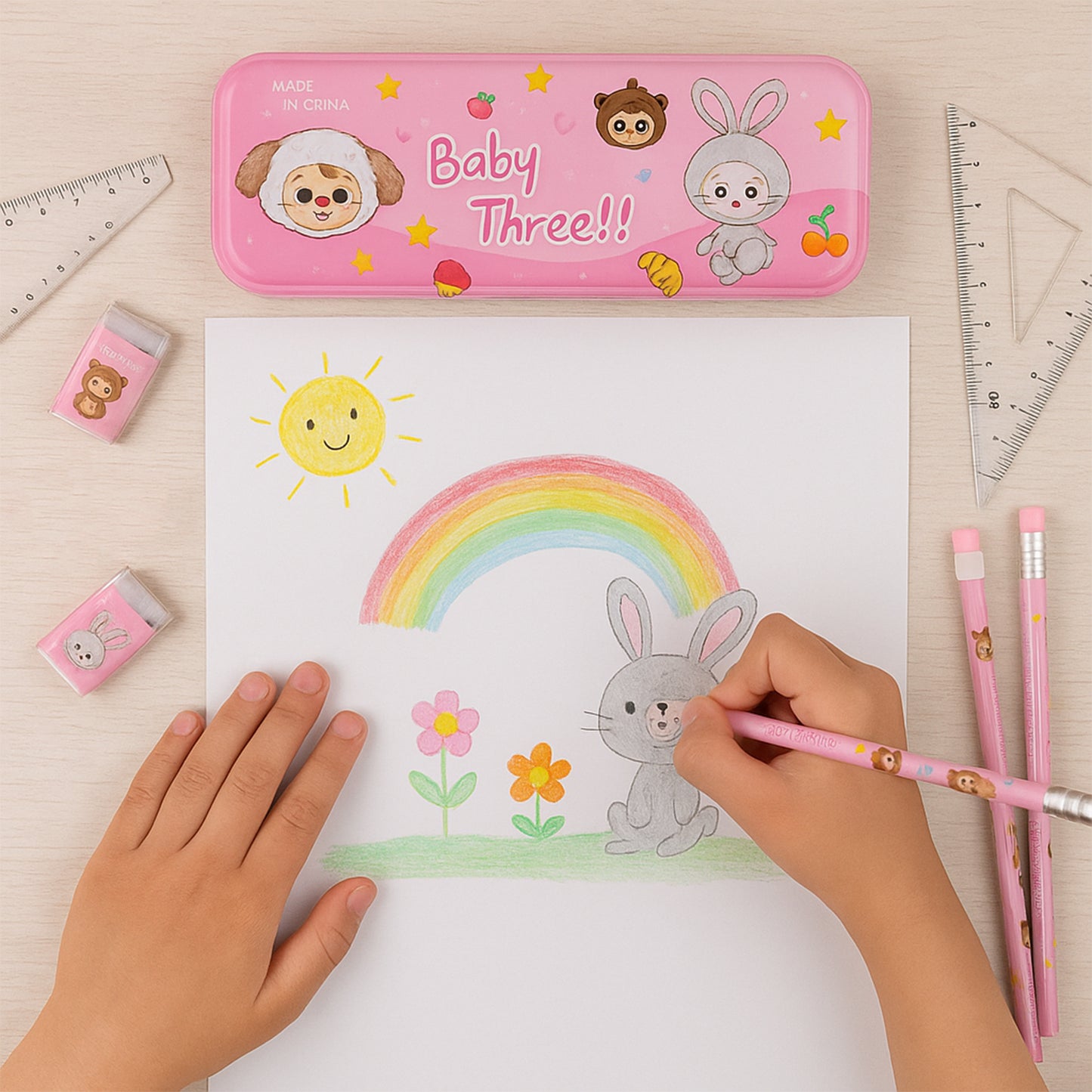 Colorful cartoon stationery gift set for kids by Wukusy, featuring 14 pieces of fun pens, pencils, and accessories.