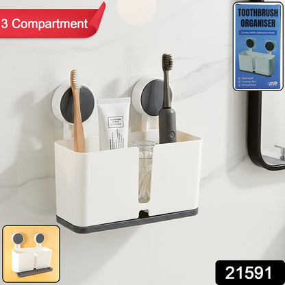 Wukusy wall-mounted toothbrush holder with three compartments and adhesive installation shown in the image.
