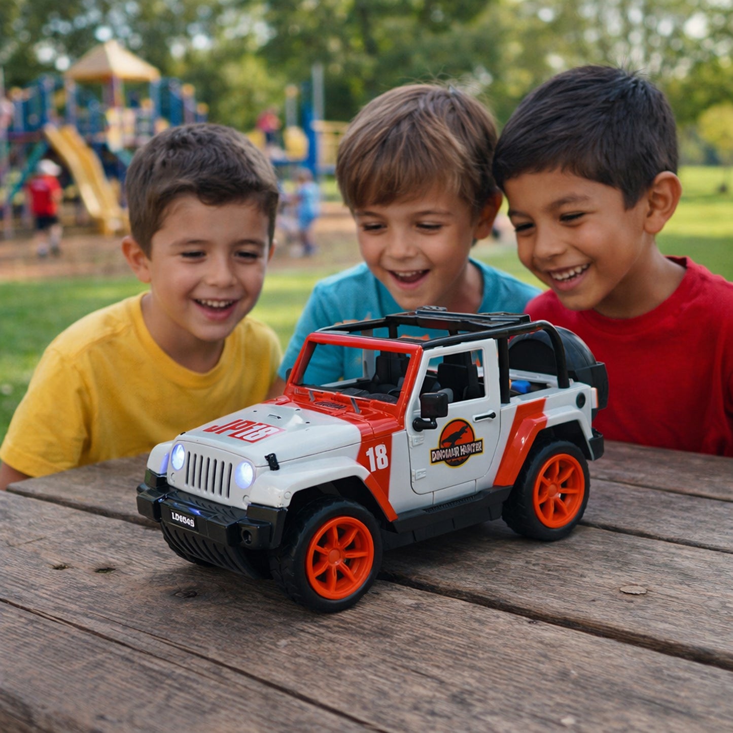 Kids dinosaur hunter off-road friction-powered toy jeep by Wukusy, rugged car with dinosaur-themed details for outdoor play.