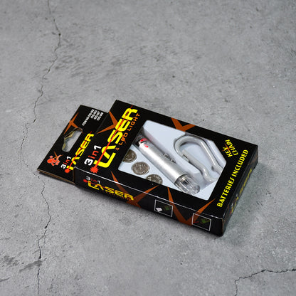Wukusy 3-in-1 laser light, LED flashlight, and keychain laser pointer toy with compact design and bright illumination.