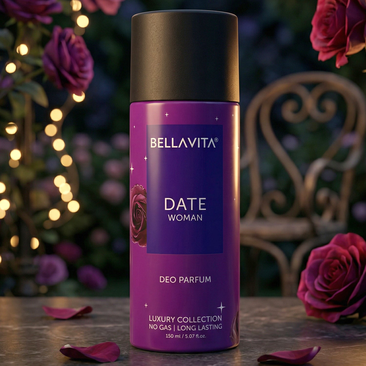 Bellavita Date Woman deodorant body spray by Wukusy, 150ml bottle with floral and fruity scent design