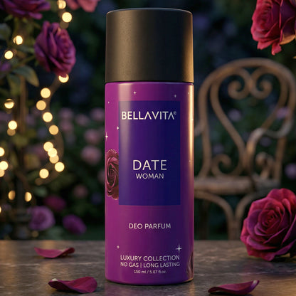 Bellavita Date Woman deodorant body spray by Wukusy, 150ml bottle with floral and fruity scent design