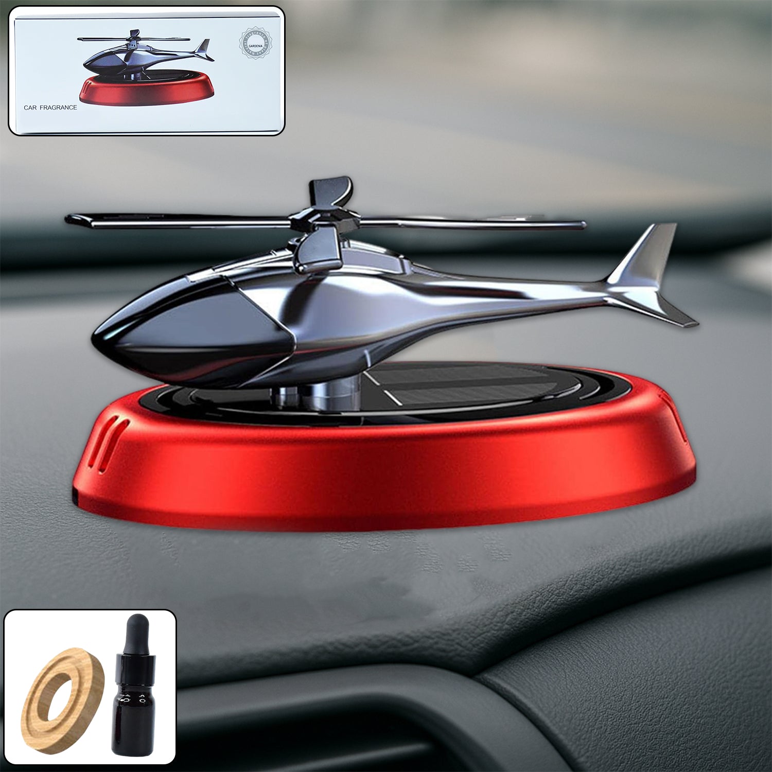 Wukusy solar-powered rotating helicopter car air freshener hanging inside vehicle with rotating rotor design