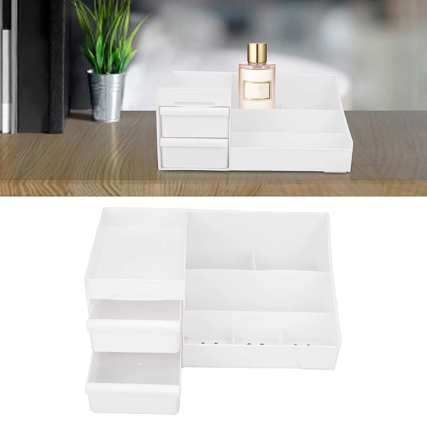 Large capacity desktop cosmetic storage box in mixed colors by Wukusy, featuring multiple compartments for organizing makeup and accessories.