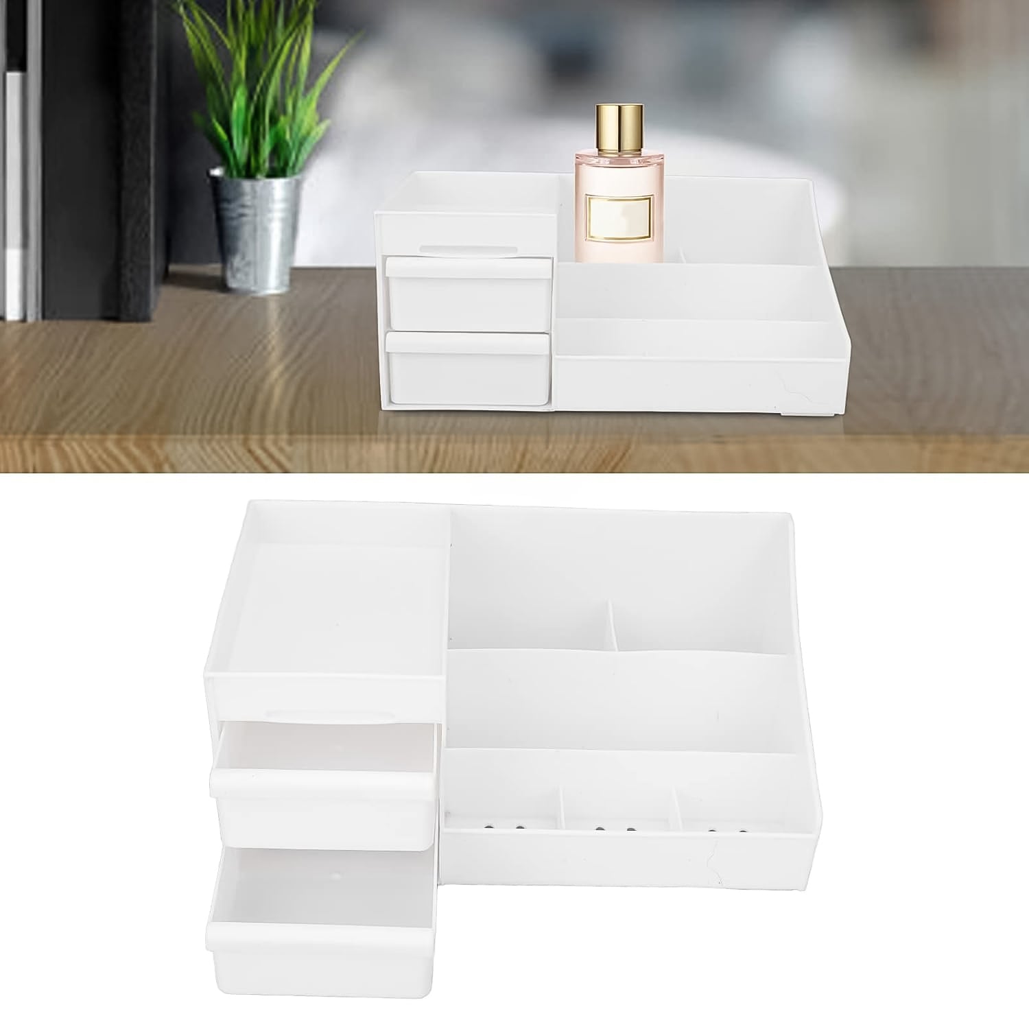Large capacity desktop cosmetic storage box in mixed colors by Wukusy, featuring multiple compartments for organizing makeup and accessories.