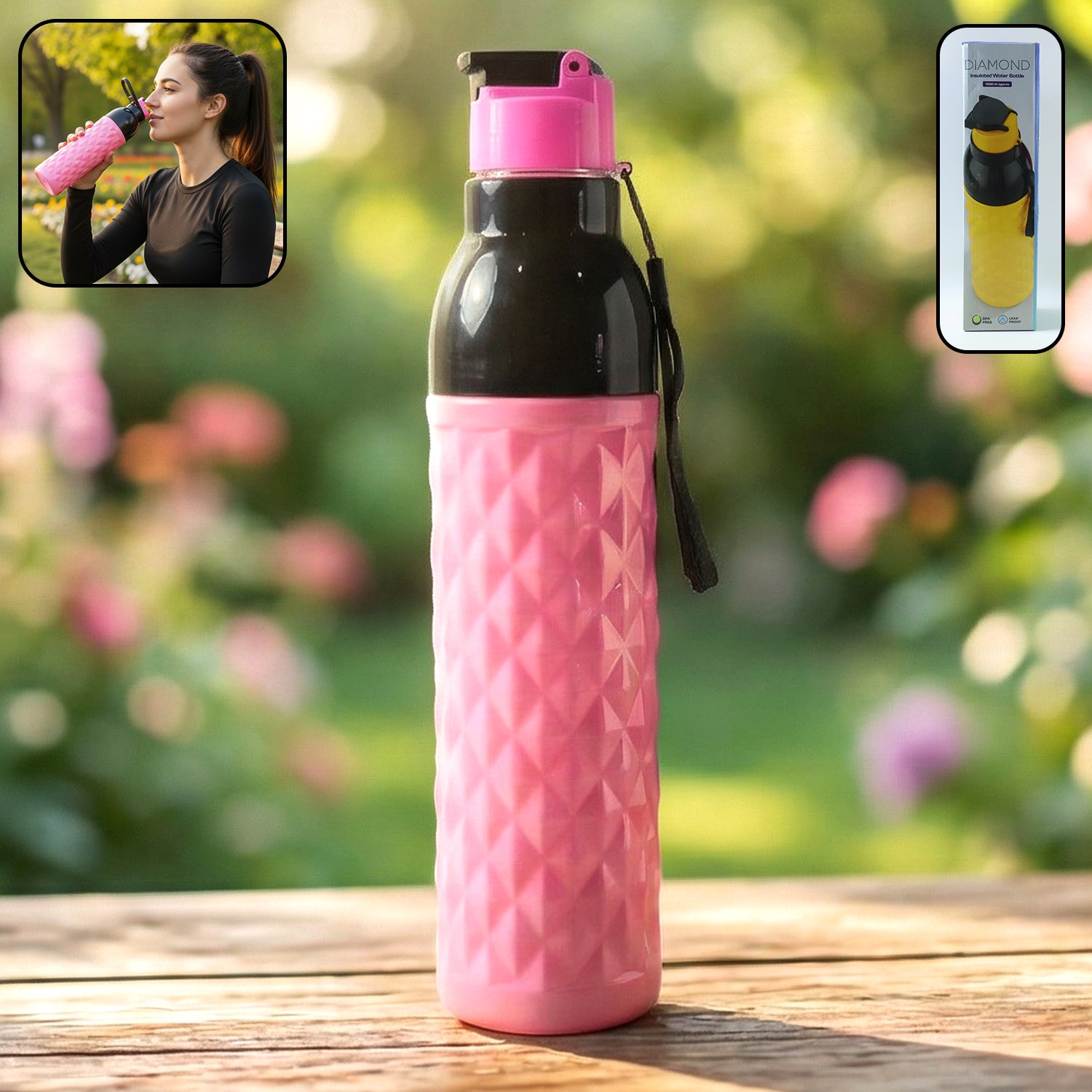Wukusy plastic 1000ml leakproof water bottle with diamond pattern, durable and portable for everyday hydration.