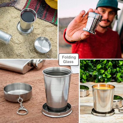 Wukusy 2-in-1 camping folding cup with keychain, compact stainless steel travel mug, shown folded and open for use.