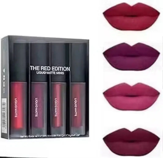 Ekom 4-in-1 red matte lipstick and waterproof eye makeup set, featuring bold lipstick and eye products in a compact pack of six.