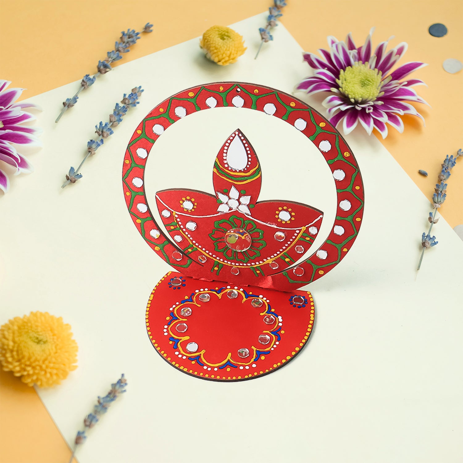 Handcrafted wooden decorative diya stand by Wukusy, featuring a detailed design for home decor and diya presentation.
