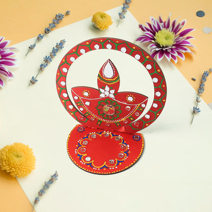 Handcrafted wooden decorative diya stand by Wukusy, featuring a detailed design for home decor and diya presentation.