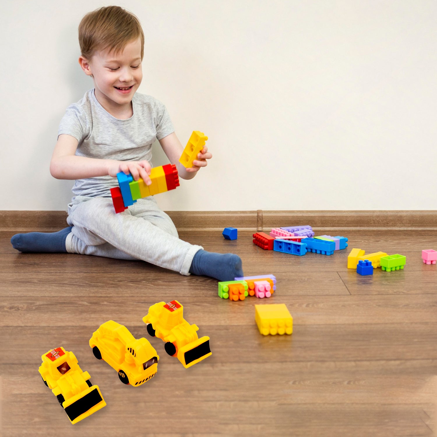 Wukusy 6-piece construction toy set including crane, excavator, road roller, forklift, mixer truck, and transporter for children