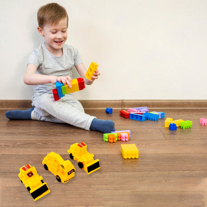 Wukusy 6-piece construction toy set including crane, excavator, road roller, forklift, mixer truck, and transporter for children