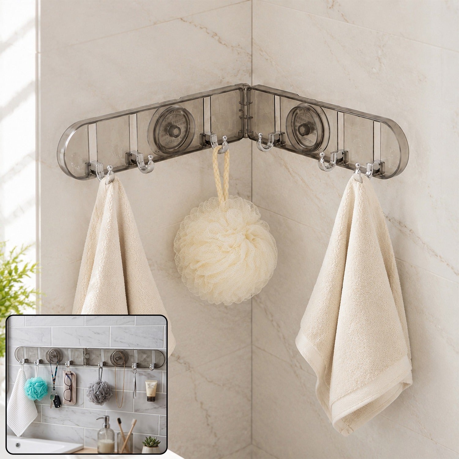 6 Hook Foldable Wall Rack With Suction Cup Mount For Bathroom Kitchen (1 Pc)